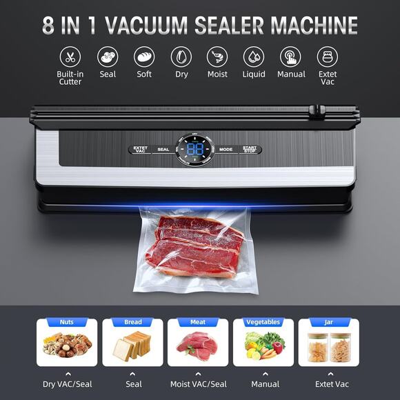 Vacuum Sealer Machine, 8 in 1 Food Machine with Build-In Cutter, 15Pcs Seal Bags - Picture 3 of 9